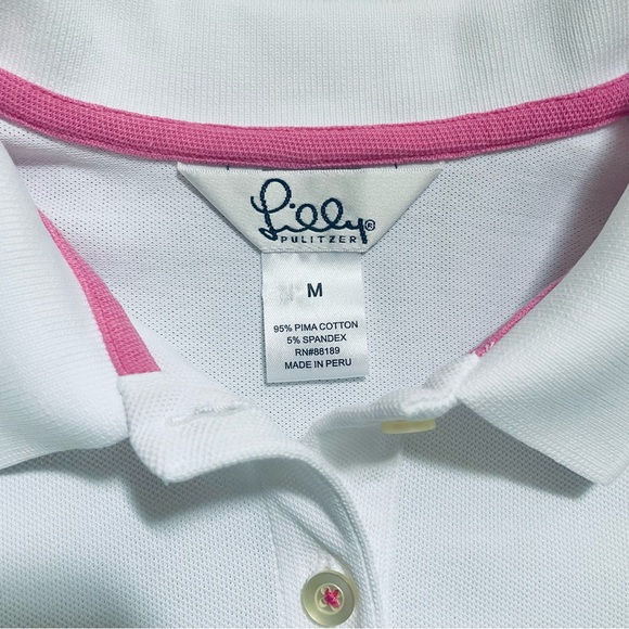 Lilly Pulitzer•M•Vintage White/Hot Pink Polo Shirt•95% Pima Cotton~5% Spandex🌼 - Picture 6 of 9